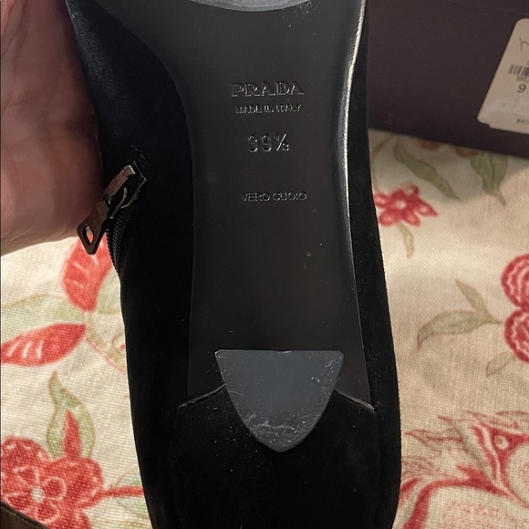Prada Sleek Black Suede Kitten Heel Semi Square Ankle Booties Bags & Box - Picture 2 of 12